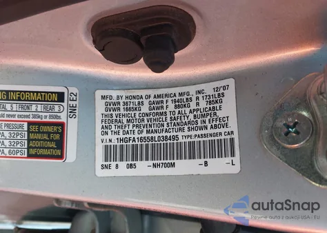 2008 Honda Civic Lx из США, поврежденный, VIN 1HGFA16558L038495